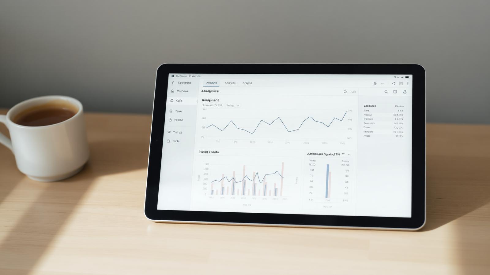 A tablet on a wooden desk showing a minimal analytics dashboard