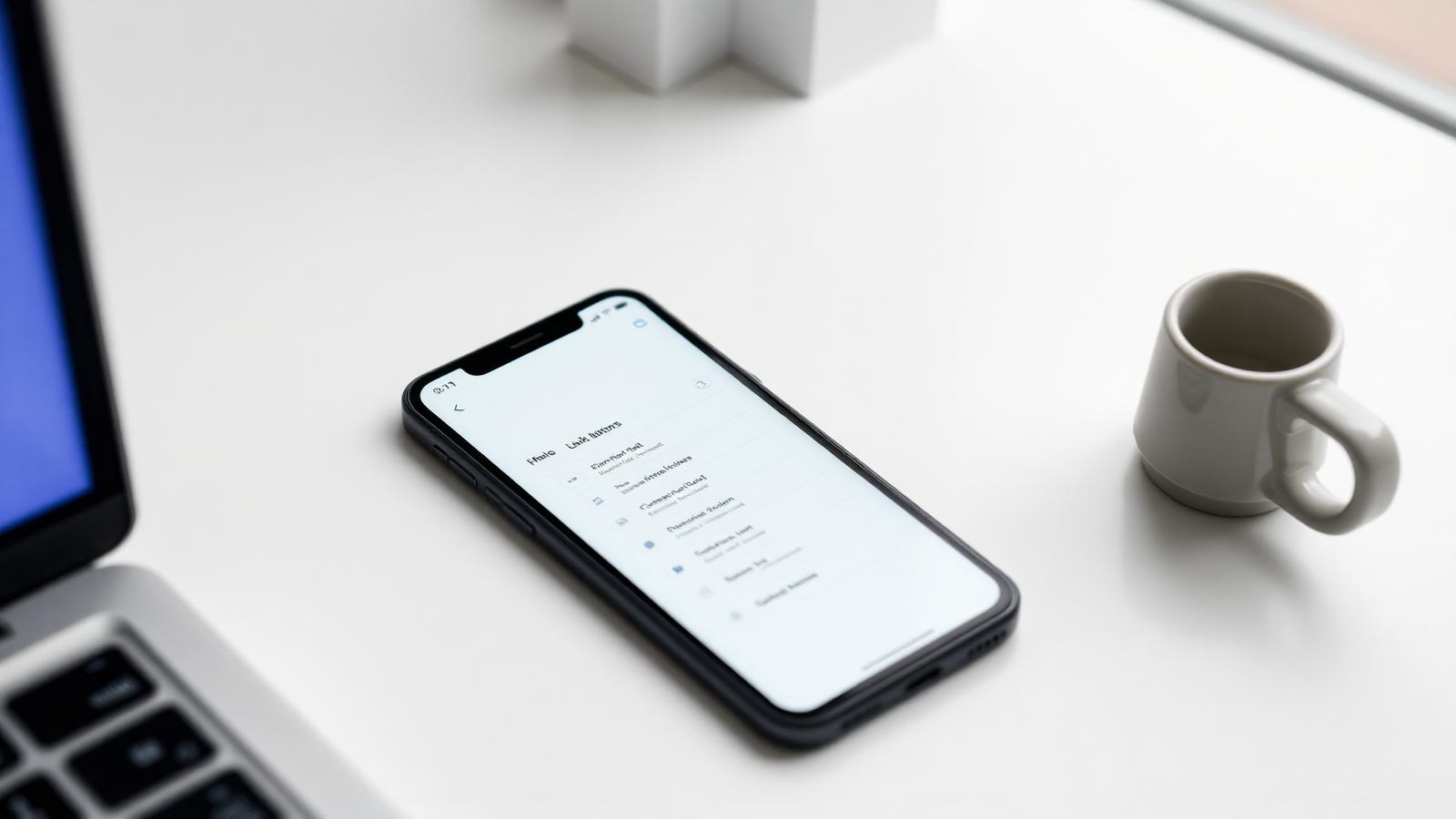 A smartphone on a white desk showing a simple profile page of stacked link buttons