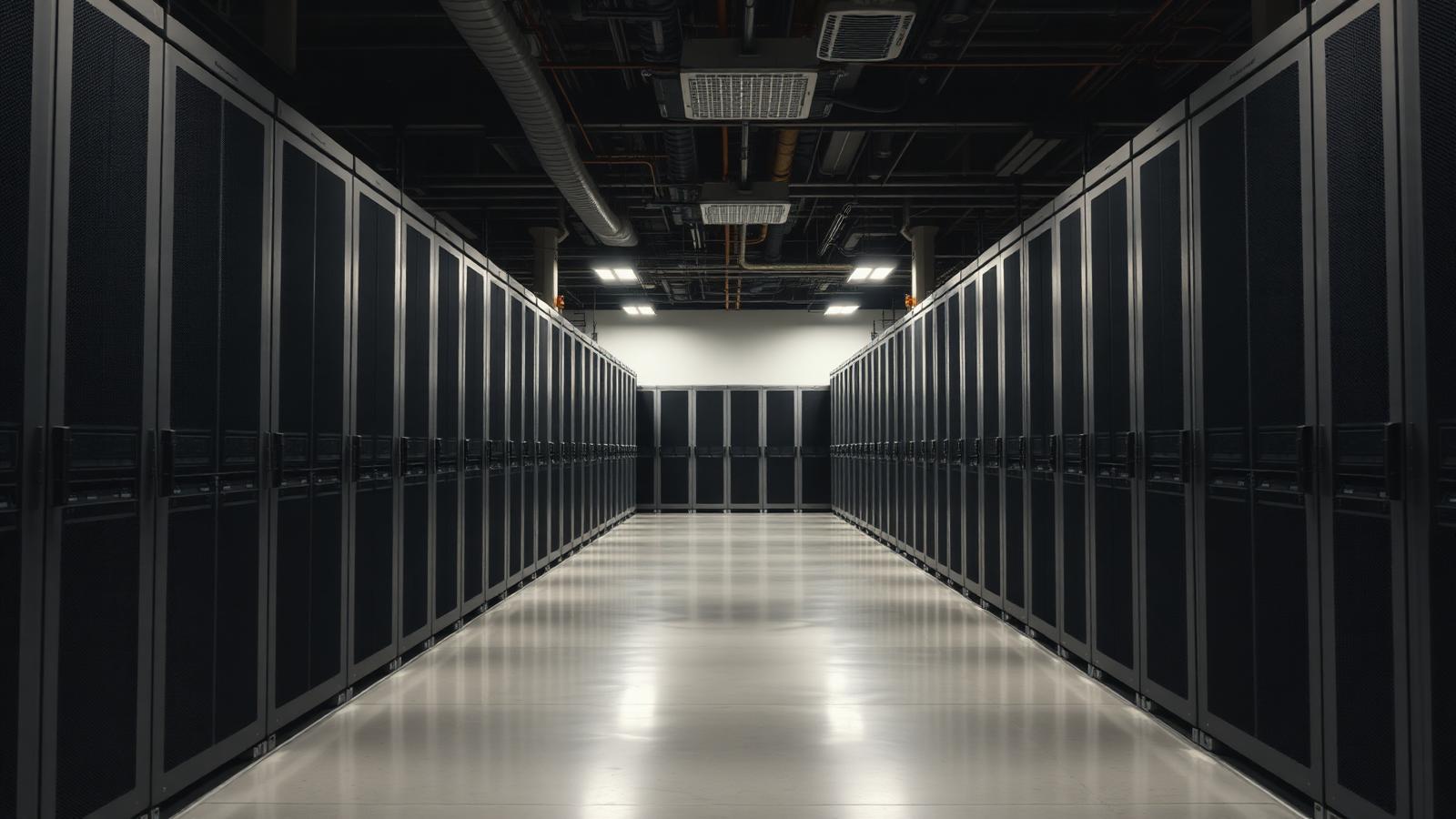 Symmetrical view down an aisle of server racks in a data centre
