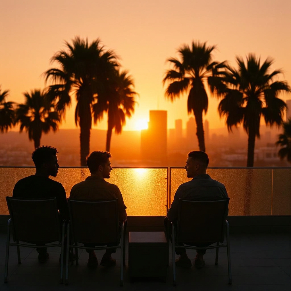 Three friends talking around an outdoor table on a Los Angeles rooftop at golden hour