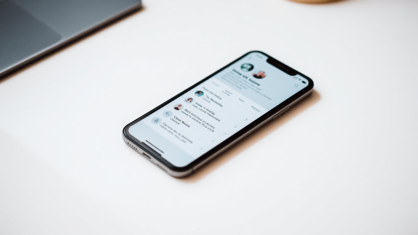 A smartphone on a pale desk displaying a minimal link-in-bio profile page