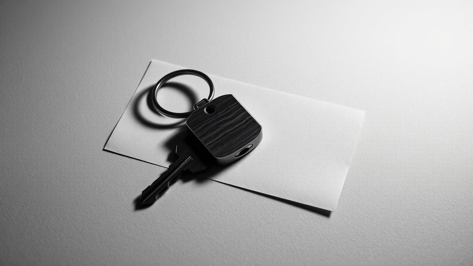 A dark metal key resting on white paper under studio light