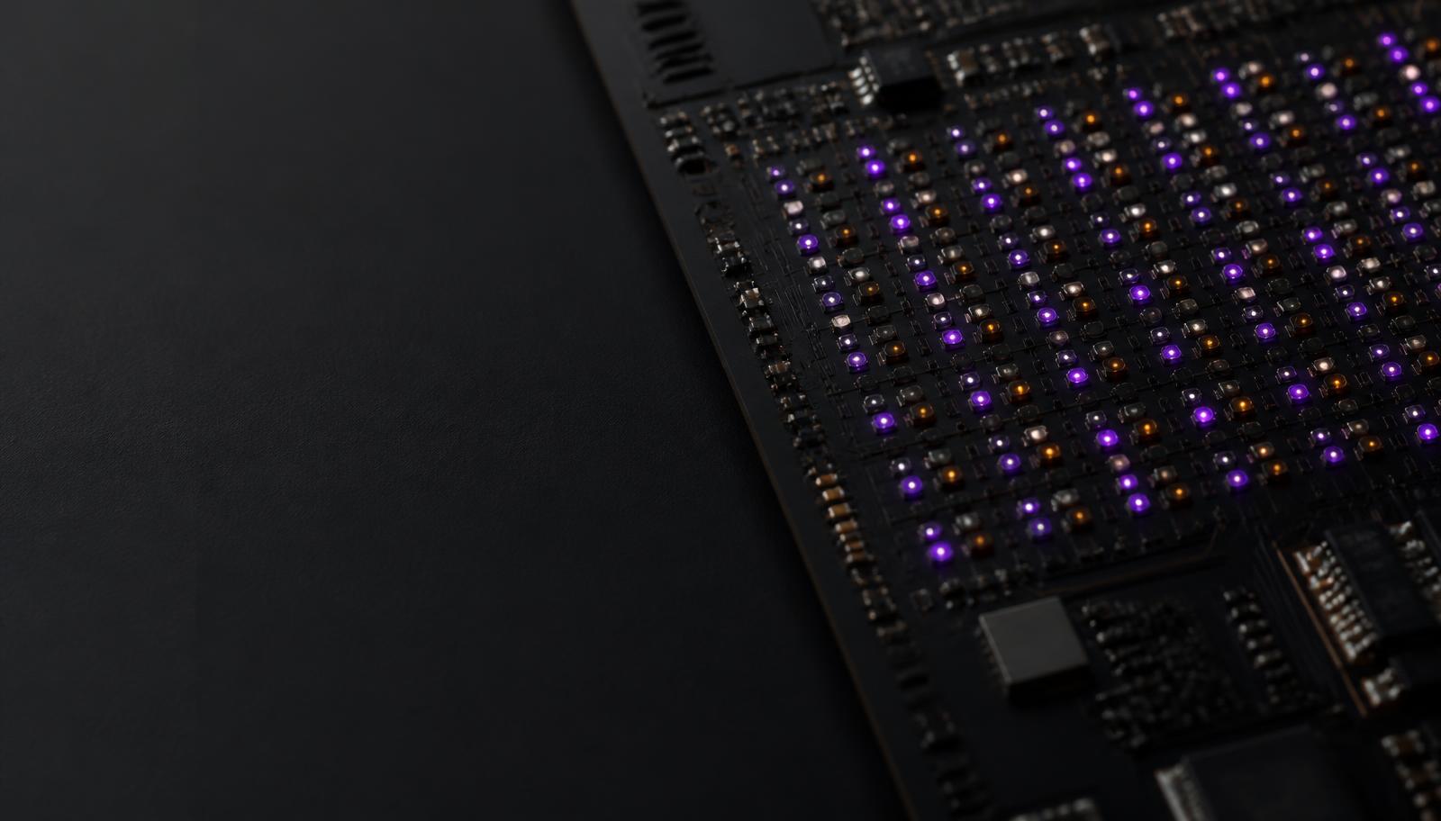 Close-up of a dark circuit board with glowing purple and amber nodes representing tracking pixels and ad analytics infrastructure